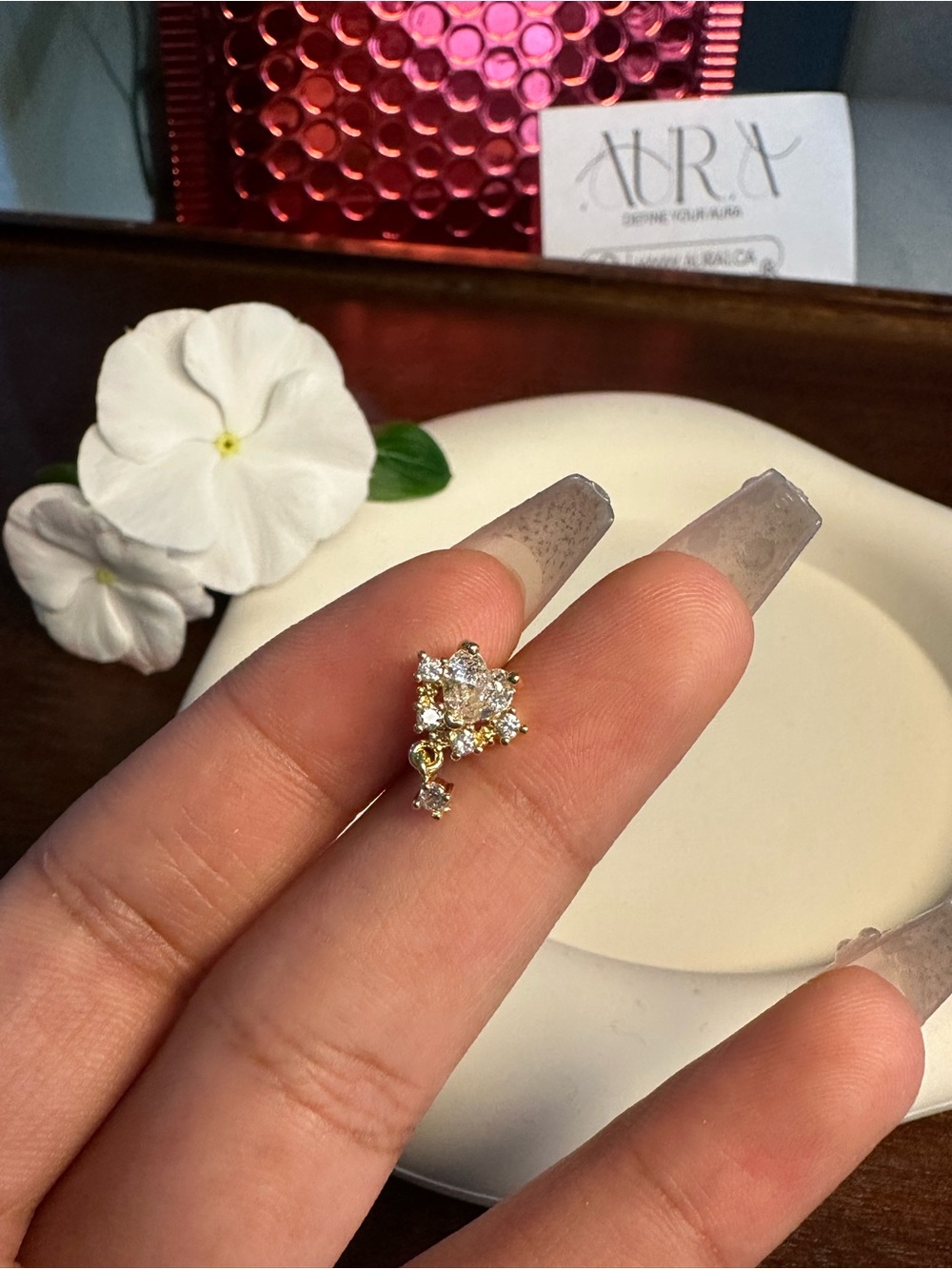 Heart gem nose stud with dangle (new)